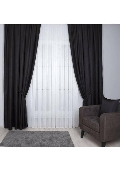 Fon Perde Özel Ölçüye Uygun Pilesiz Bohem Salon Otel Oturma Çocuk Odası Dekoratif Tek Kanat Siyah