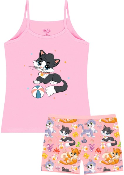 Kız Çocuk Atlet Boxer Likralı Pembe Kedi (%96 Pamuk - %4 Elastan)