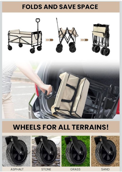 Yeni Nesil Su Geçirmez Katlanır Portatif Vagon El Arabası Kamp Piknik Plaj Pazar Market Koli Yük Paket fırsatları