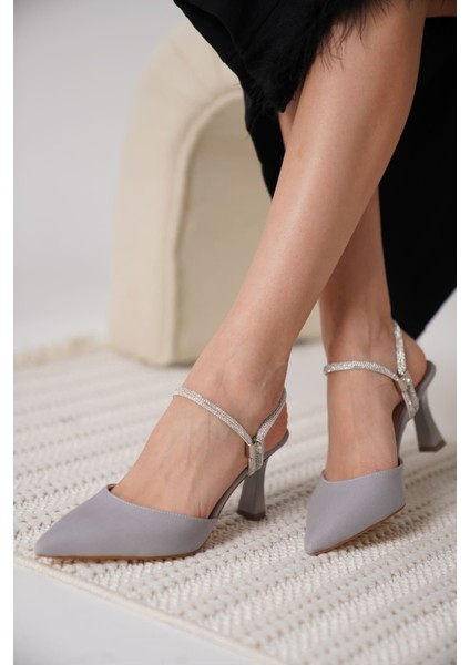 Modaserdem Georgina Kadın Taşlı Gri Saten Topuklu Ayakkabı modelleri