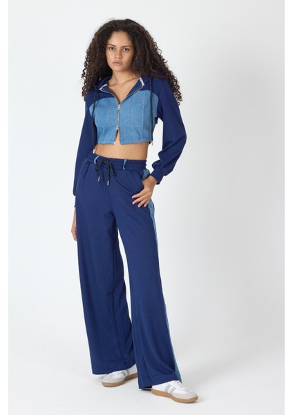 Denim Detaylı Kapşonlu Crop Eşofman Takım - Mavi-Lacivert Mavi-Lacivert - L