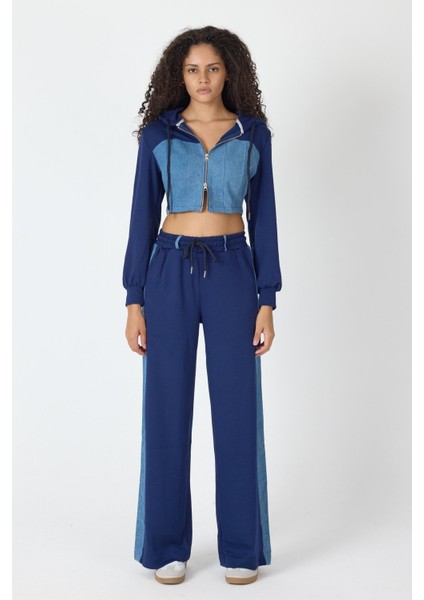 Denim Detaylı Kapşonlu Crop Eşofman Takım - Mavi-Lacivert Mavi-Lacivert - L fiyatları