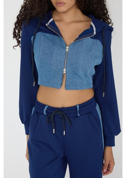 Denim Detaylı Kapşonlu Crop Eşofman Takım - Mavi-Lacivert Mavi-Lacivert - L modelleri