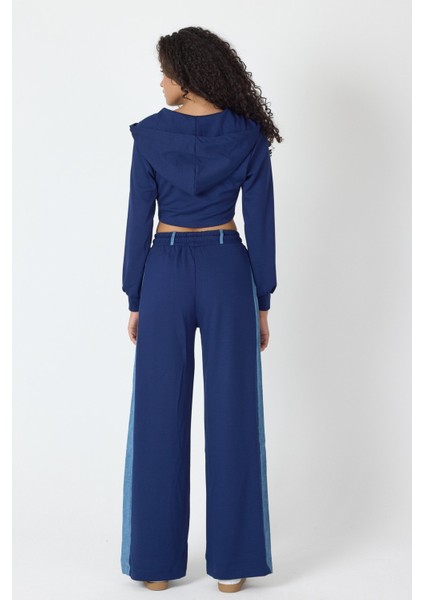 Denim Detaylı Kapşonlu Crop Eşofman Takım - Mavi-Lacivert Mavi-Lacivert - L fırsatları