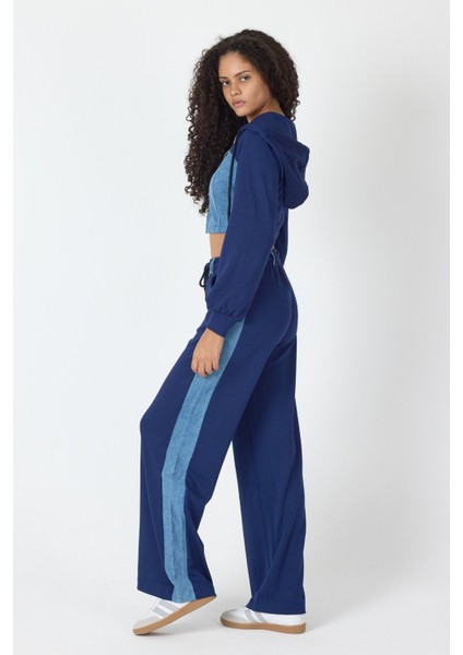 Denim Detaylı Kapşonlu Crop Eşofman Takım - Mavi-Lacivert Mavi-Lacivert - L indirimleri