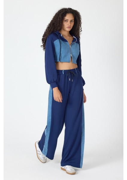 Denim Detaylı Kapşonlu Crop Eşofman Takım - Mavi-Lacivert Mavi-Lacivert - L