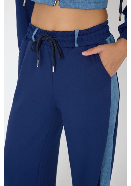 Denim Detaylı Kapşonlu Crop Eşofman Takım - Mavi-Lacivert Mavi-Lacivert - L