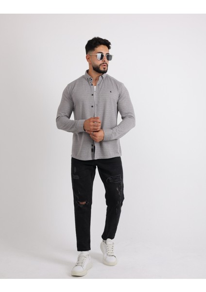 Likralı Örme Kumaş Düğmeli Modern Erkek Gömlek