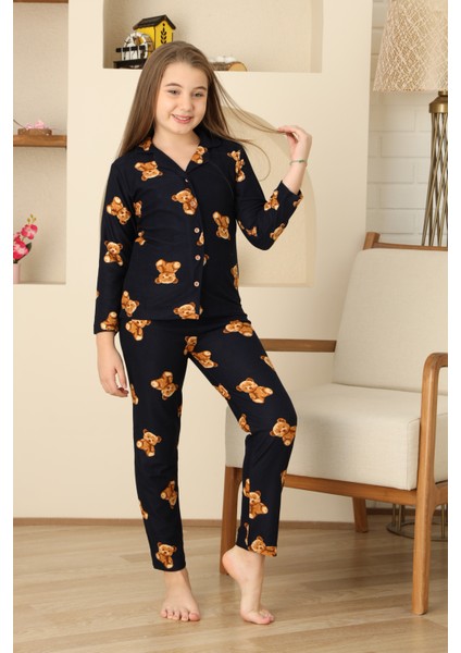 Kız Çocuk Pat Yakalı-Ayıcık Baskılı ve Düğme Kapamalı Pijama Takımı 12308