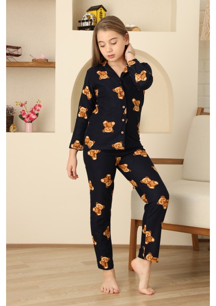 Kız Çocuk Pat Yakalı-Ayıcık Baskılı ve Düğme Kapamalı Pijama Takımı 12308 fiyatları