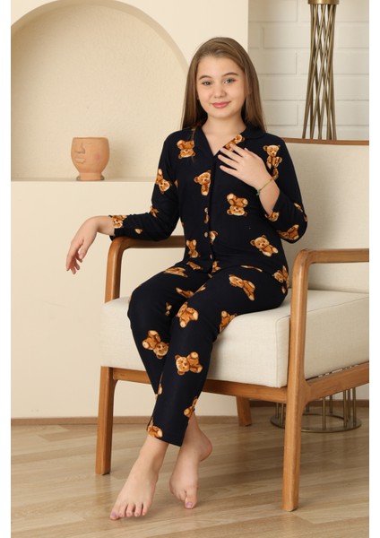 Kız Çocuk Pat Yakalı-Ayıcık Baskılı ve Düğme Kapamalı Pijama Takımı 12308 modelleri