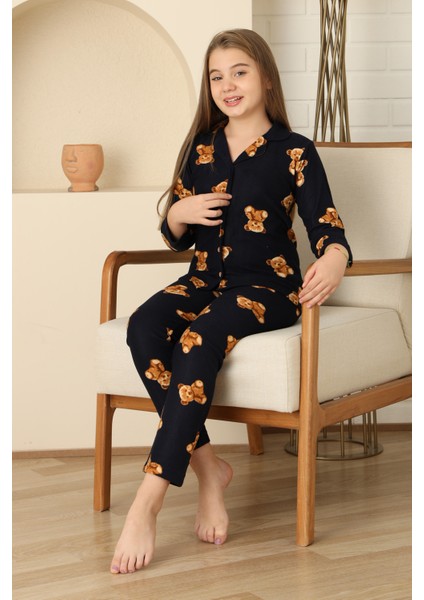 Kız Çocuk Pat Yakalı-Ayıcık Baskılı ve Düğme Kapamalı Pijama Takımı 12308 fırsatları