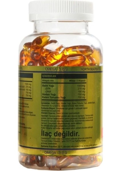 Omega 3-6-9 Balık Yağı Hodan Yağı Keten Tohumu Yağı İçeren Takviye Edici Gıda Desteği 1000 mg 200 Softgels Kapsül fiyatları