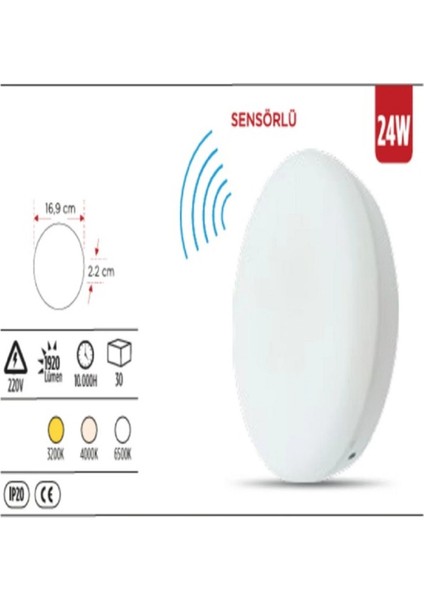 Ekim Aydınlatma Asm 1624 24W Sensörlü Çerçevesiz Sıva Üstü Yuvarlak LED Panel – 6500K Beyaz