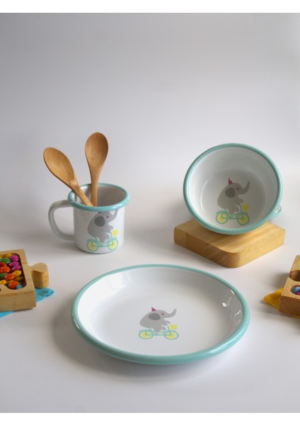 Emaye Üçlü Çocuk Yemek Set - Fil Desen