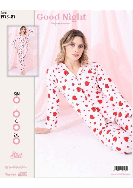 Goodnight Homewear Kırmızı Kalp Desenli Beyaz Süet Düğmeli Ikili Pijama Takımı
