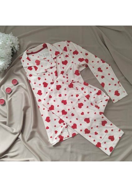 Goodnight Homewear Kırmızı Kalp Desenli Beyaz Süet Düğmeli Ikili Pijama Takımı fiyatları