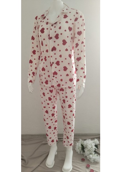 Goodnight Homewear Kırmızı Kalp Desenli Beyaz Süet Düğmeli Ikili Pijama Takımı modelleri
