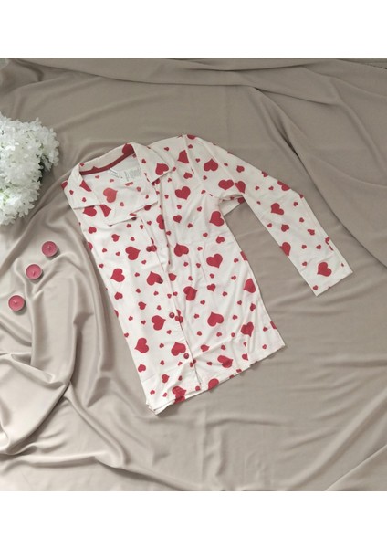 Goodnight Homewear Kırmızı Kalp Desenli Beyaz Süet Düğmeli Ikili Pijama Takımı indirimleri