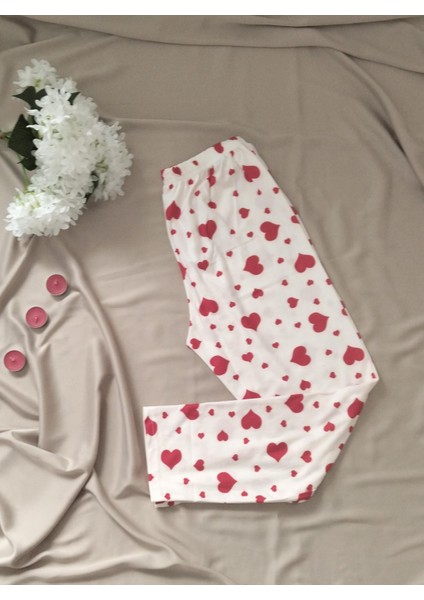 Goodnight Homewear Kırmızı Kalp Desenli Beyaz Süet Düğmeli Ikili Pijama Takımı