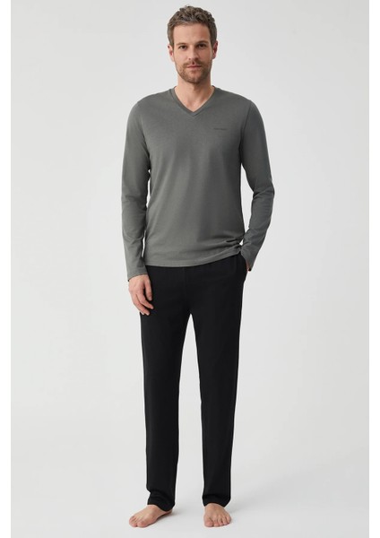 Comfort Mood Erkek Uzun Kollu V Yaka Yeşil (Gri Yeşil Arası) Pijama Takımı Fırst Touch FT708