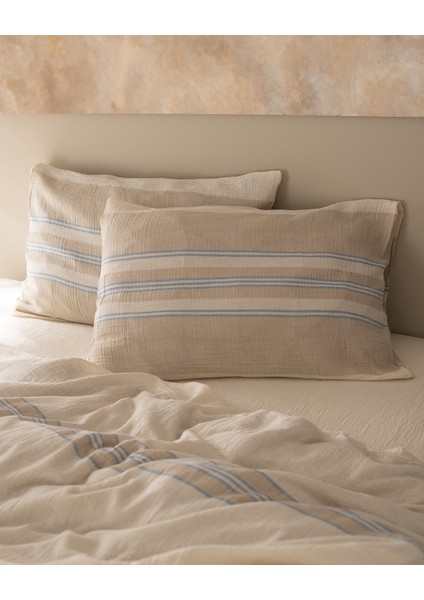 Sheryl Tek Kişilik Müslin İpliği Boyalı Lastikli Nevresim Takımı - Mavi/Bej