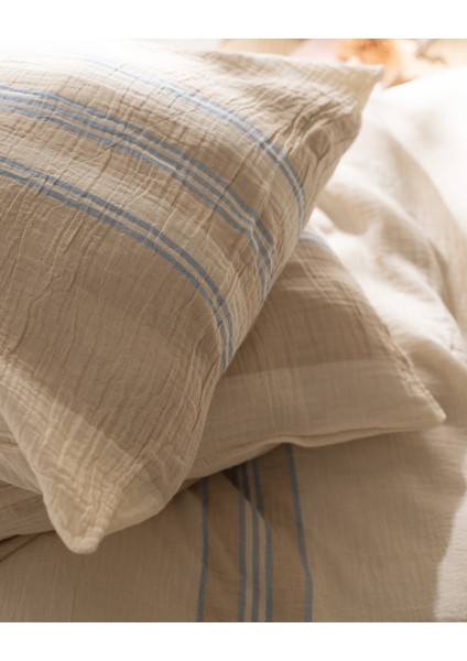 Sheryl Tek Kişilik Müslin İpliği Boyalı Lastikli Nevresim Takımı - Mavi/Bej