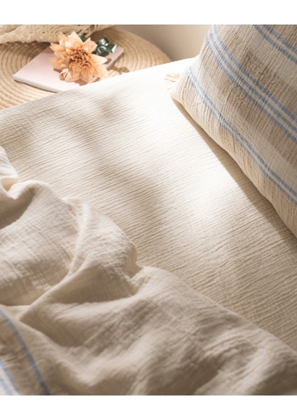 Sheryl Tek Kişilik Müslin İpliği Boyalı Lastikli Nevresim Takımı - Mavi/Bej