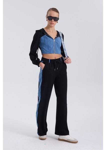 Denim Detaylı Kapşonlu Crop Eşofman Takım - Mavi-Siyah Mavi-Siyah - Xs