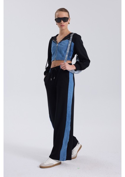 Denim Detaylı Kapşonlu Crop Eşofman Takım - Mavi-Siyah Mavi-Siyah - Xs fiyatları