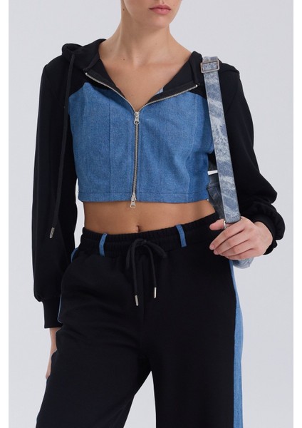 Denim Detaylı Kapşonlu Crop Eşofman Takım - Mavi-Siyah Mavi-Siyah - Xs modelleri