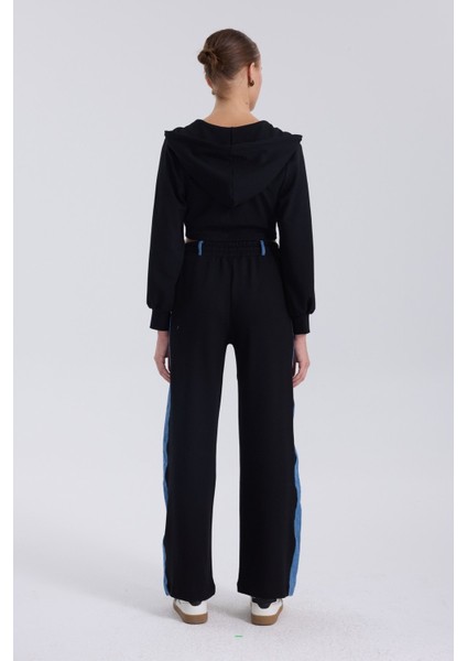 Denim Detaylı Kapşonlu Crop Eşofman Takım - Mavi-Siyah Mavi-Siyah - Xs fırsatları