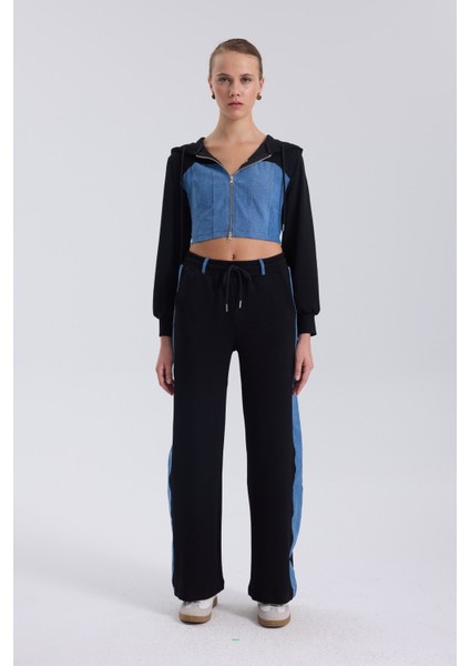 Denim Detaylı Kapşonlu Crop Eşofman Takım - Mavi-Siyah Mavi-Siyah - Xs indirimleri