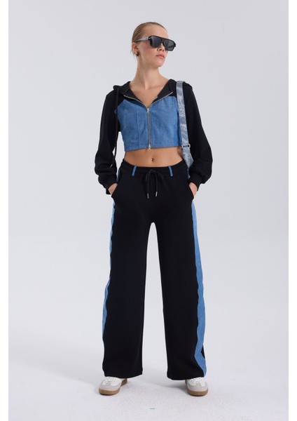 Denim Detaylı Kapşonlu Crop Eşofman Takım - Mavi-Siyah Mavi-Siyah - Xs