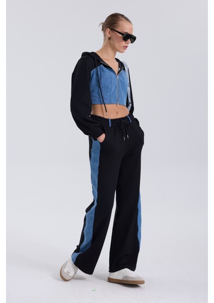 Denim Detaylı Kapşonlu Crop Eşofman Takım - Mavi-Siyah Mavi-Siyah - Xs