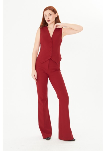 Bordo Slim Fit Düğmeli Yelek – Kadın Takım Yeleği Ofis Şıklığı Için Modern Kesim Klasik Yelek