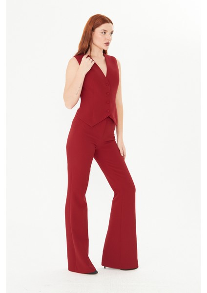 Bordo Slim Fit Düğmeli Yelek – Kadın Takım Yeleği Ofis Şıklığı Için Modern Kesim Klasik Yelek