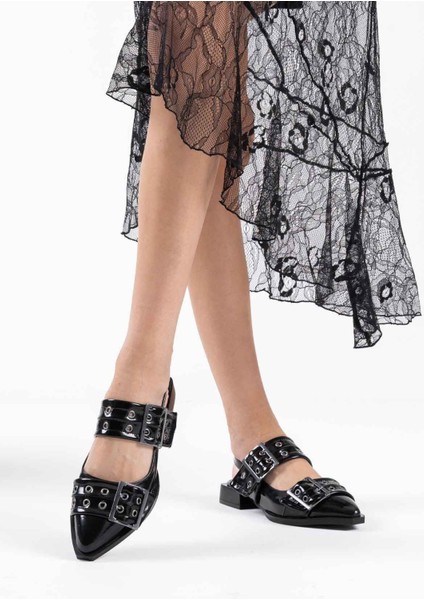 Modaserdem Pony Siyah Rugan Kemer Detaylı Kadın Topuklu Ayakkabı