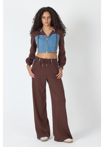 Denim Detaylı Kapşonlu Crop Eşofman Takım - Mavi-Kahverengi Mavi-Kahverengi - M