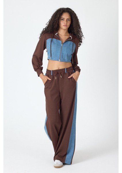 Denim Detaylı Kapşonlu Crop Eşofman Takım - Mavi-Kahverengi Mavi-Kahverengi - M fiyatları
