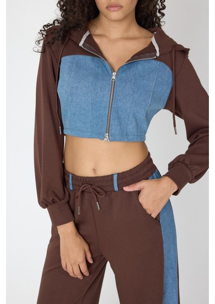 Denim Detaylı Kapşonlu Crop Eşofman Takım - Mavi-Kahverengi Mavi-Kahverengi - M modelleri