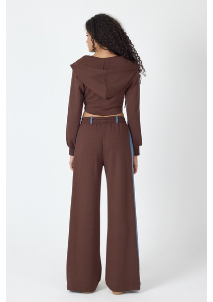 Denim Detaylı Kapşonlu Crop Eşofman Takım - Mavi-Kahverengi Mavi-Kahverengi - M fırsatları