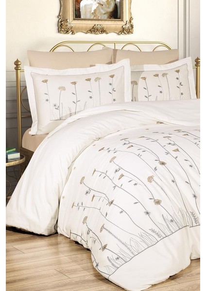 Vova Nakışlı Çift Kişilik Nevresim Takımı Krem - Cappucino