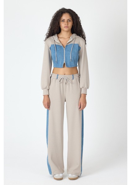 Denim Detaylı Kapşonlu Crop Eşofman Takım - Mavi-Bej Mavi-Bej - Xs fiyatları