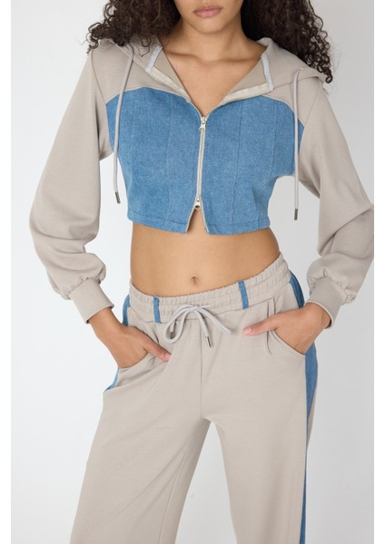 Denim Detaylı Kapşonlu Crop Eşofman Takım - Mavi-Bej Mavi-Bej - Xs modelleri