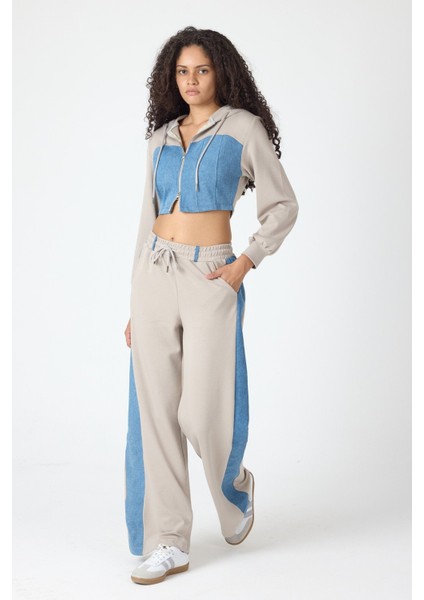 Denim Detaylı Kapşonlu Crop Eşofman Takım - Mavi-Bej Mavi-Bej - Xs indirimleri