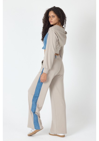 Denim Detaylı Kapşonlu Crop Eşofman Takım - Mavi-Bej Mavi-Bej - Xs