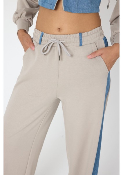 Denim Detaylı Kapşonlu Crop Eşofman Takım - Mavi-Bej Mavi-Bej - Xs