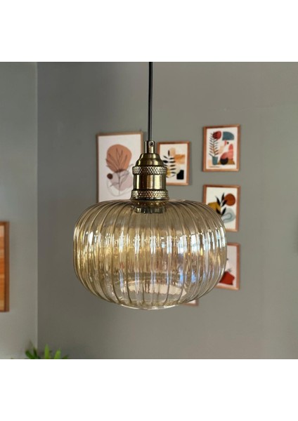 Mola Cam Bal Rengi Tekli Avize Lale Başlık Retro Sarkıt Lamba Restoran Salon Aydınlatma