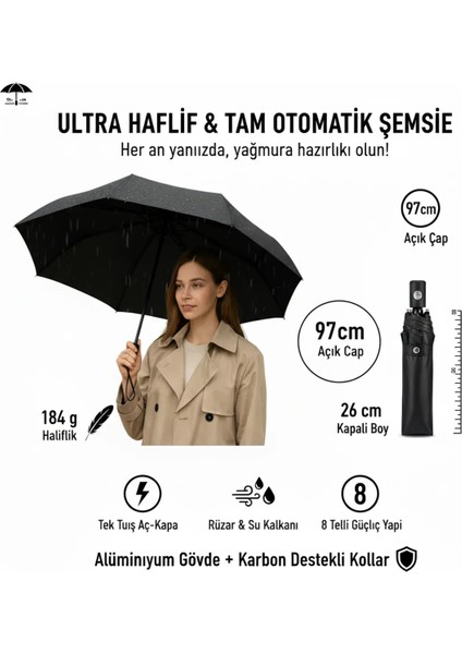 Siyah Otomatik Aç-Kapa Şemsiye – Unisex, 8 Telli, Rüzgar Dayanımlı, Kılıflı Kompakt modelleri